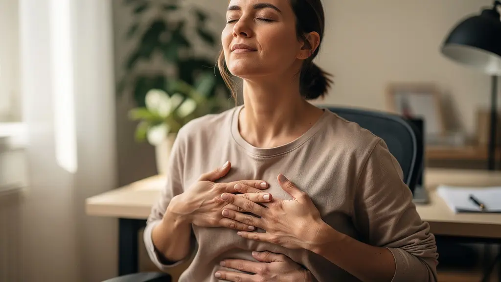 Personne pratiquant des exercices de respiration au bureau