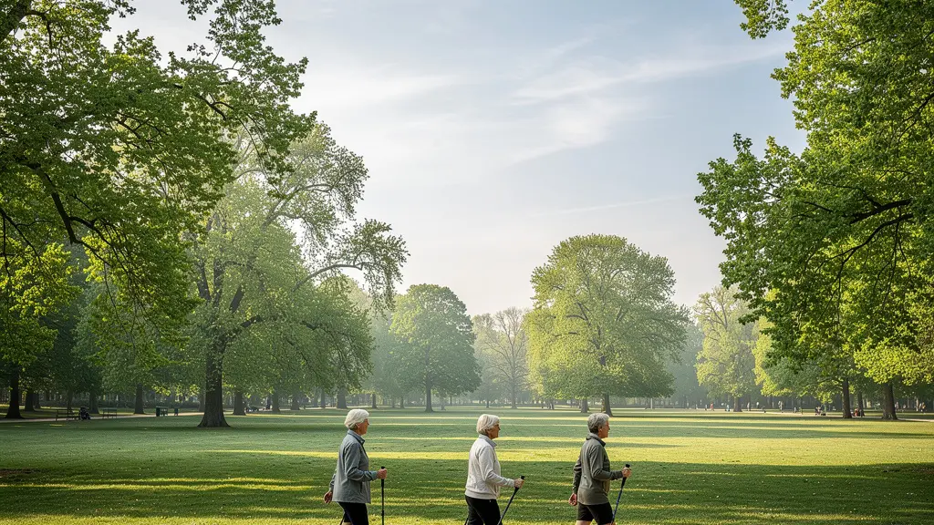 Groupe de seniors pratiquant la marche nordique dans un parc français ensoleillé