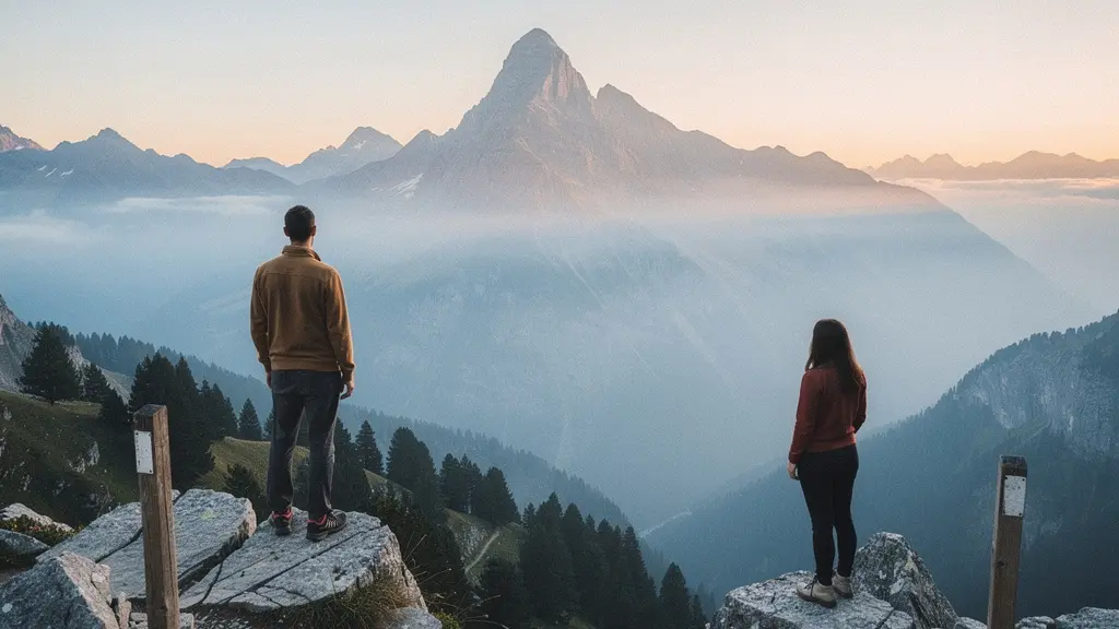 Homme et femme contemplant un sommet montagneux symbolisant le défi du sevrage tabagique