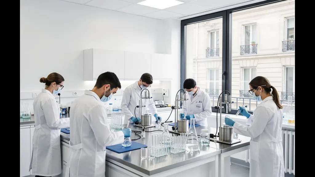 Vue d'ensemble d'un laboratoire hospitalier moderne avec chercheurs en blouse blanche manipulant des équipements scientifiques