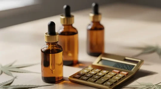 Comparaison visuelle de flacons d'huiles CBD de différentes concentrations avec calcul économique
