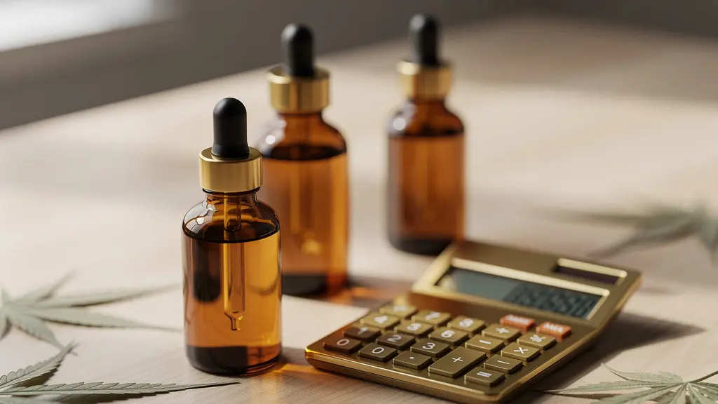Comparaison visuelle de flacons d'huiles CBD de différentes concentrations avec calcul économique