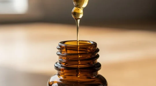 Vue rapprochée d'une main tenant un flacon d'huile CBD avec compte-gouttes au-dessus d'une surface en bois naturel