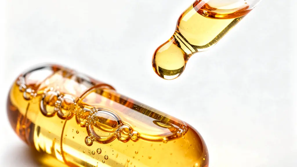 Gros plan macro sur une capsule de CBD transparente à côté d'un compte-gouttes d'huile dorée