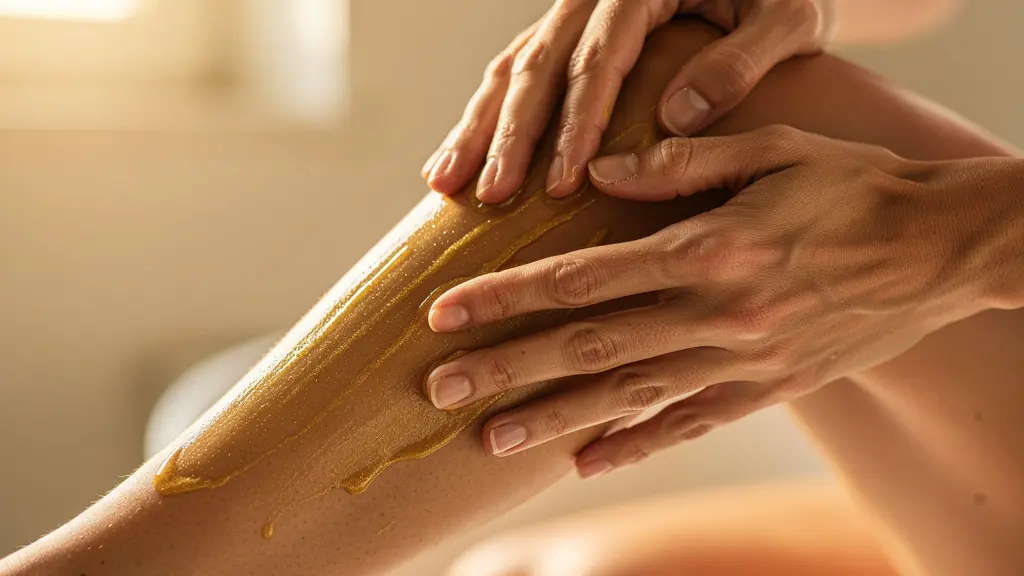 Huile de chanvre dorée riche en omégas pour nourrir la peau des jambes