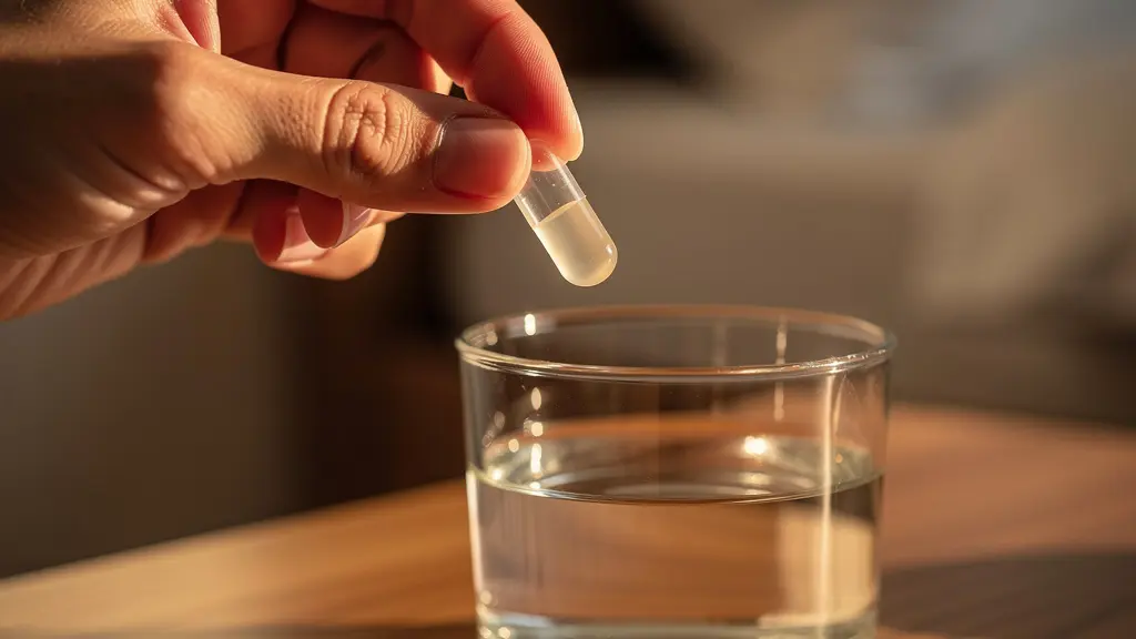 Main tenant délicatement une gélule au-dessus d'un verre d'eau sur une table de nuit