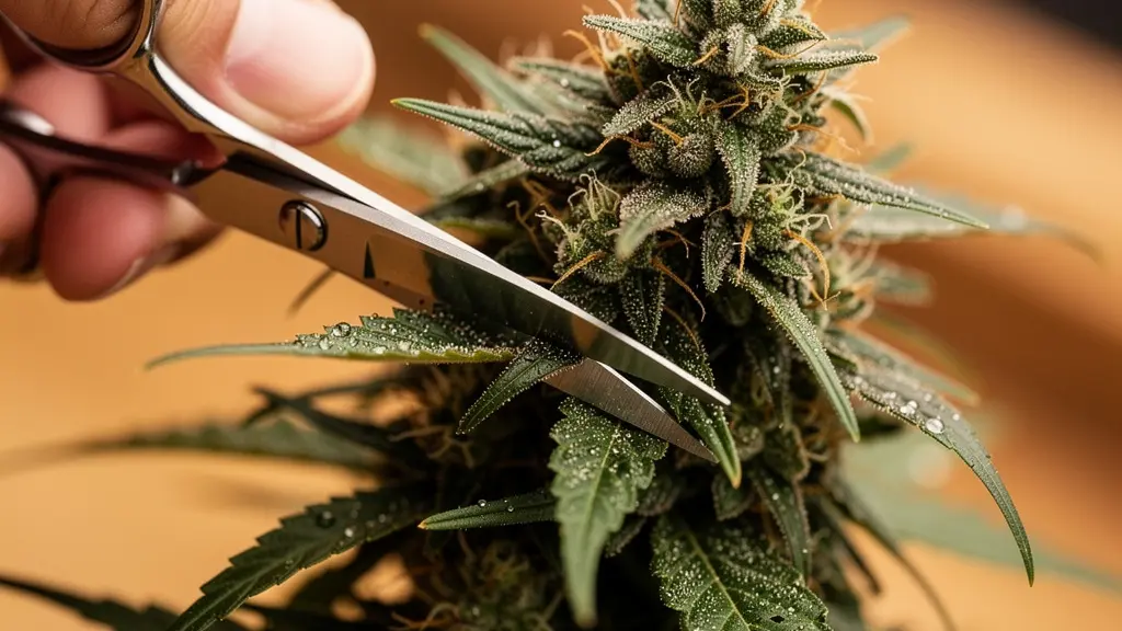 Gros plan sur des mains expertes effectuant la manucure précise d'une fleur de CBD avec des ciseaux spécialisés