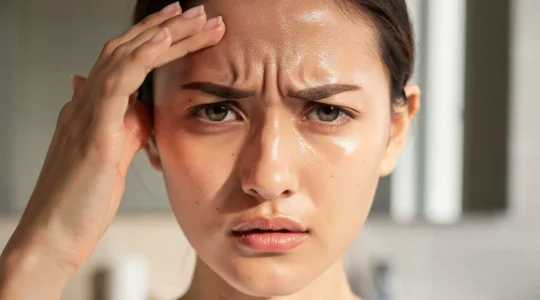 Visage féminin avec zones de brillance sur la zone T montrant l'effet rebond du sébum