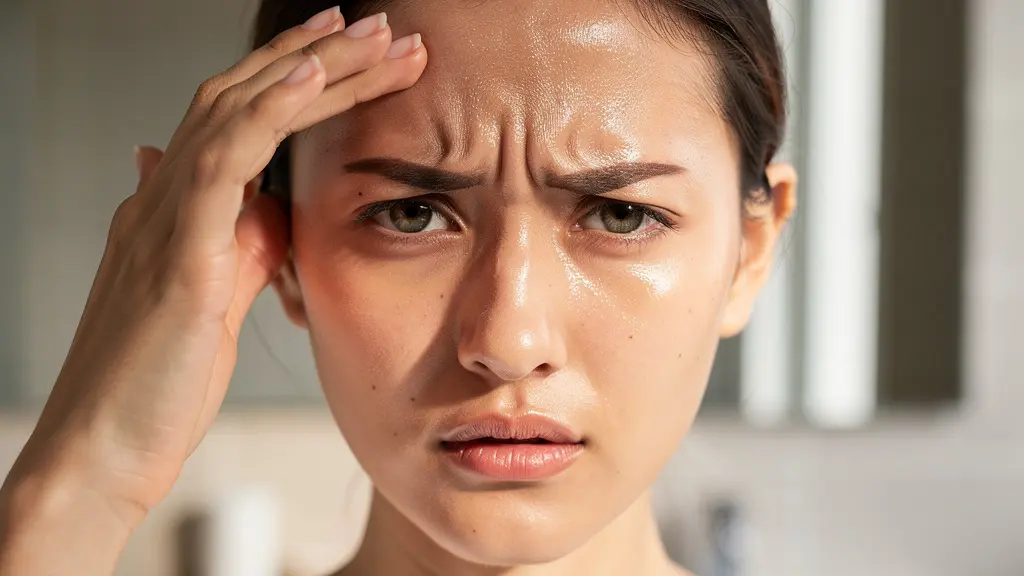 Visage féminin avec zones de brillance sur la zone T montrant l'effet rebond du sébum