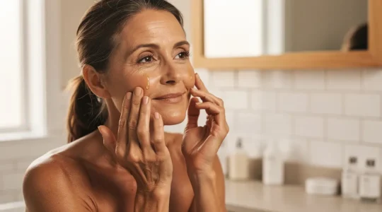 Femme mature rayonnante appliquant une huile naturelle sur son visage, reflet de vitalité et de bien-être