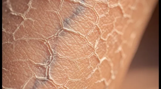 Texture de peau sèche sur jambe révélant des problèmes de circulation veineuse