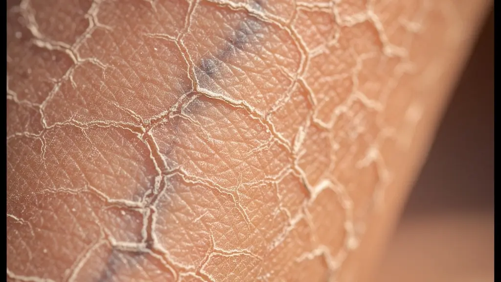 Texture de peau sèche sur jambe révélant des problèmes de circulation veineuse
