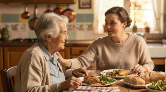 Une personne âgée souriante partageant un repas en famille dans une ambiance chaleureuse