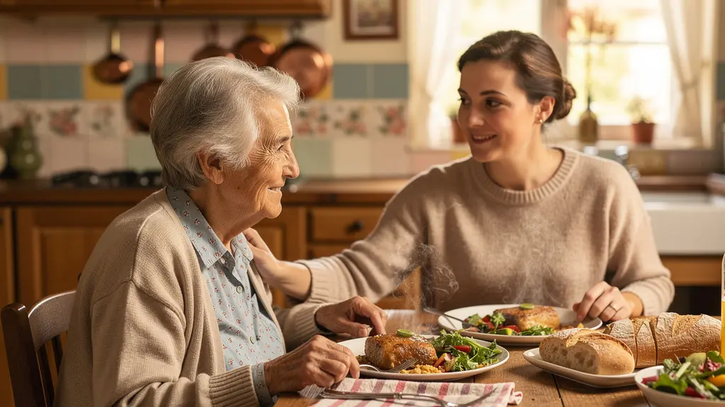 Une personne âgée souriante partageant un repas en famille dans une ambiance chaleureuse