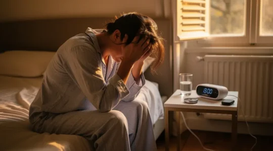Personne fatiguée au réveil dans une chambre typique française baignée de lumière matinale