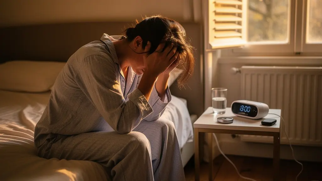 Personne fatiguée au réveil dans une chambre typique française baignée de lumière matinale