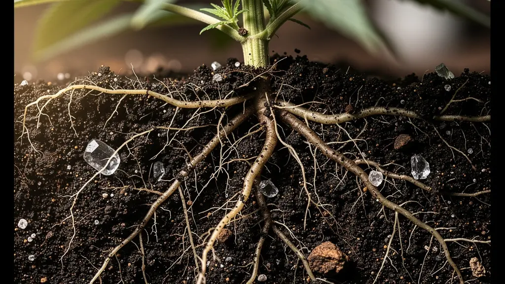 Vue macro des racines de chanvre absorbant les métaux lourds du sol contaminé