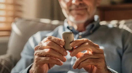 Personne tenant délicatement un pod compact dans sa main avec une expression de sérénité