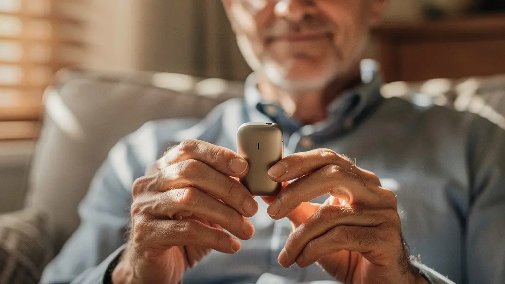 Personne tenant délicatement un pod compact dans sa main avec une expression de sérénité