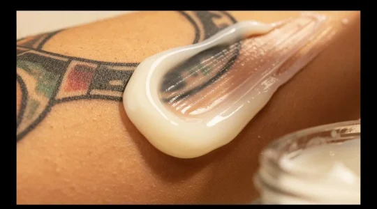 Application d'une pommade au CBD sur un tatouage fraîchement réalisé montrant les détails de la texture crémeuse et de la peau en phase de cicatrisation