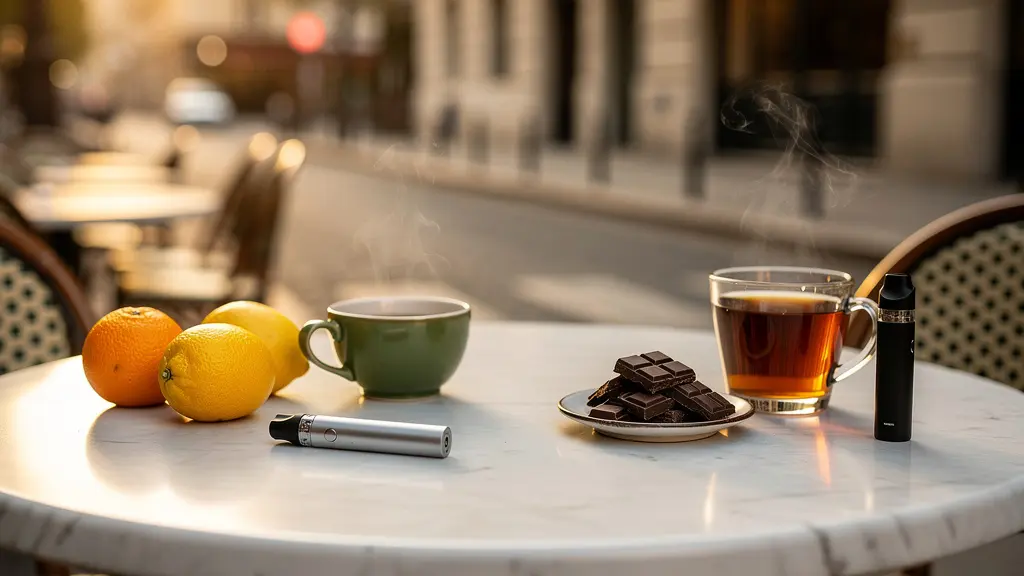 Composition montrant deux moments de dégustation d'e-liquides aux terpènes