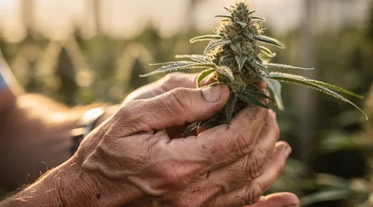 Mains expertes récoltant délicatement une fleur de CBD mature avec des trichomes cristallins visibles sous la lumière dorée