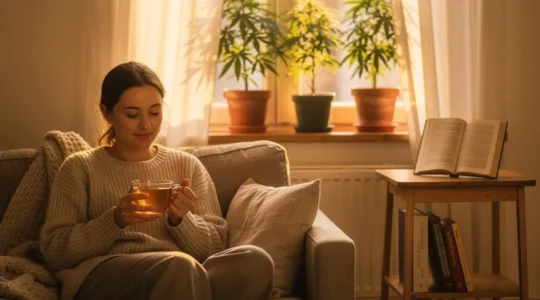 Personne tenant une tasse de tisane le soir dans un intérieur chaleureux avec des plantes de chanvre en arrière-plan