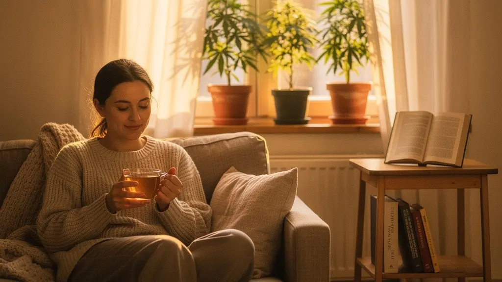 Personne tenant une tasse de tisane le soir dans un intérieur chaleureux avec des plantes de chanvre en arrière-plan