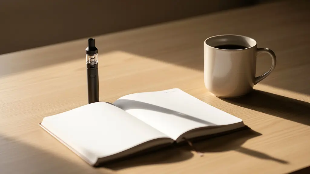 Vue d'ensemble minimaliste d'un bureau matinal avec vapoteuse et agenda de planification