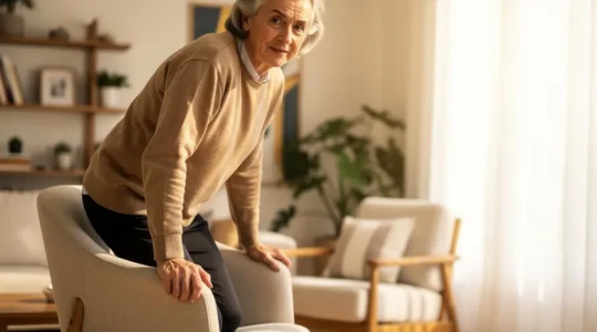 Senior souriant se levant facilement d'un fauteuil dans un salon lumineux