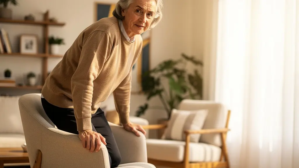 Senior souriant se levant facilement d'un fauteuil dans un salon lumineux