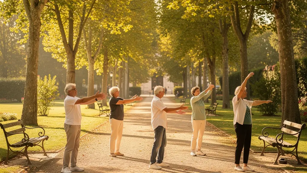 Groupe de seniors pratiquant des exercices de mobilité douce dans un parc