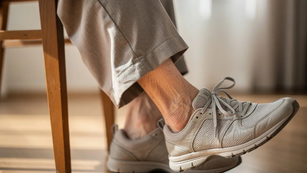 Senior pratiquant des mouvements de pédalage sans charge assis sur une chaise