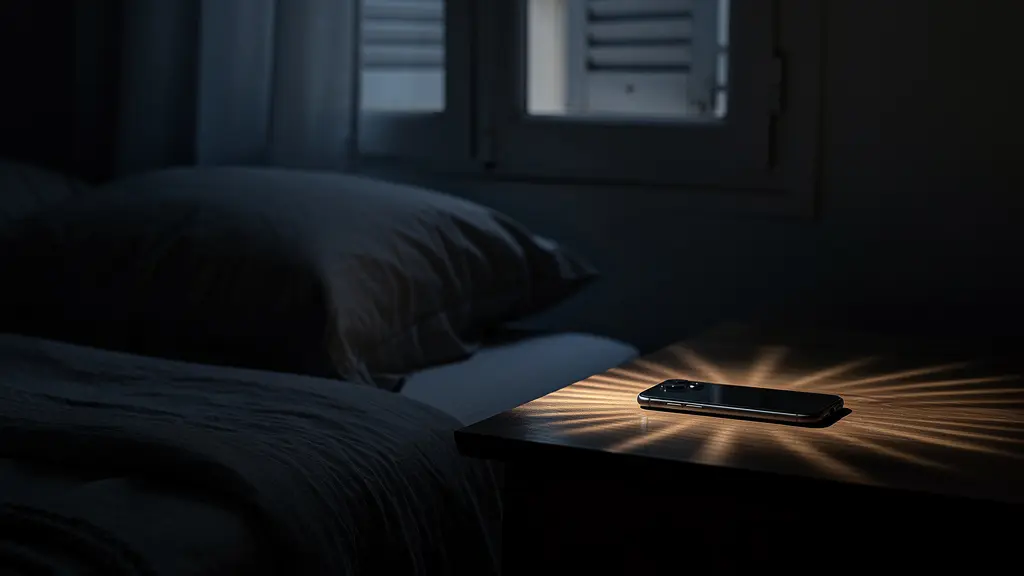 Smartphone posé face cachée sur table de nuit dans chambre sombre avec réveil flou en arrière-plan