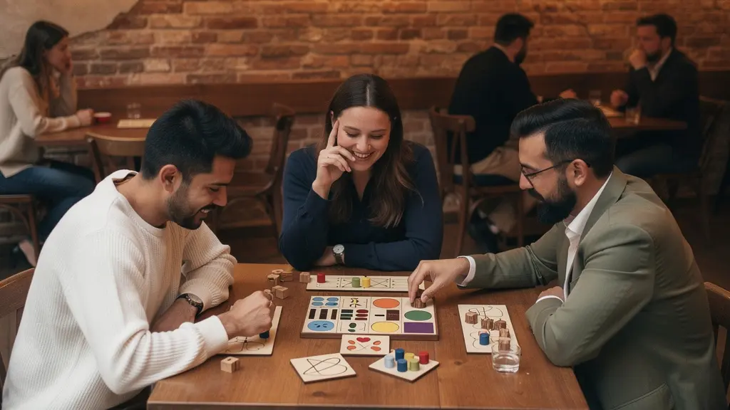 Groupe d'amis jouant à des jeux de société dans un café français chaleureux le soir