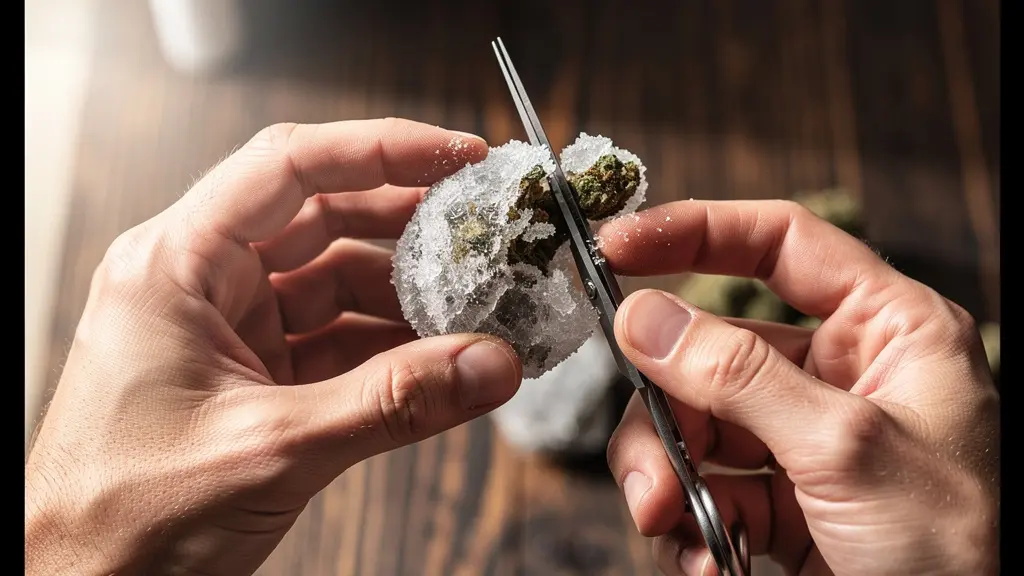 Mains utilisant des ciseaux de précision pour découper une moonrock CBD congelée