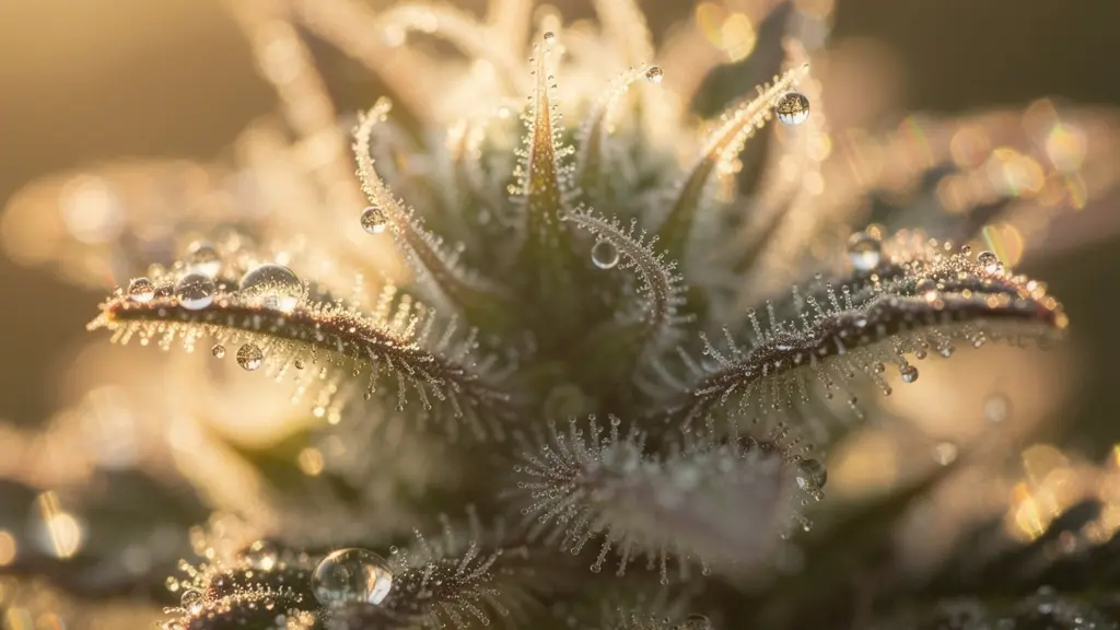 Vue macro de trichomes cristallins sur une fleur de cannabis avec reflets dorés