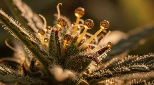 Gros plan sur des terpènes de chanvre aux tons terreux et boisés avec des notes naturelles