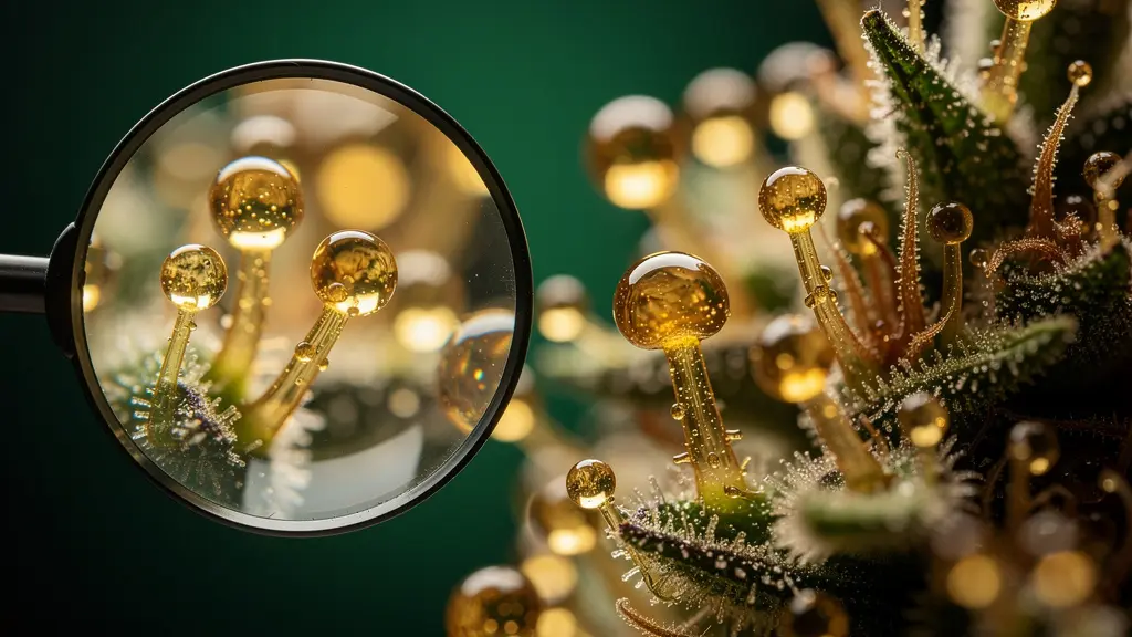 Analyse des trichomes d'une fleur de CBD à la loupe révélant leur densité