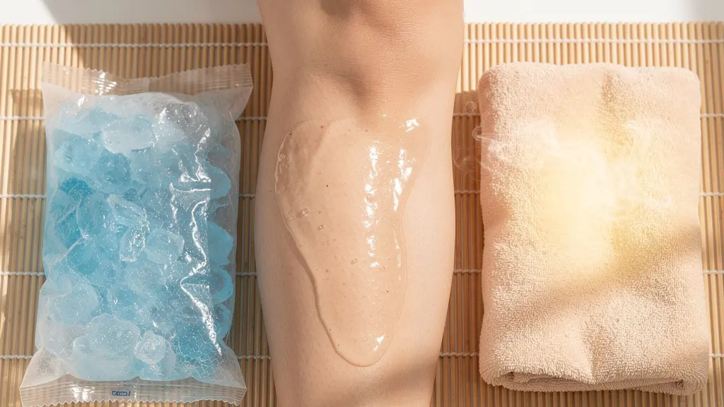 Vue large d'un genou avec application de gel, entouré d'éléments de thermothérapie dans un environnement spa
