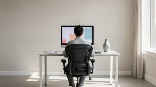 Personne en situation de télétravail avec posture ergonomique au bureau à domicile