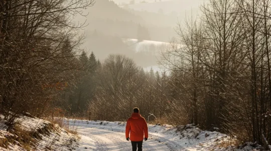 Personne souriante marchant dans la nature hivernale française avec une lumière dorée