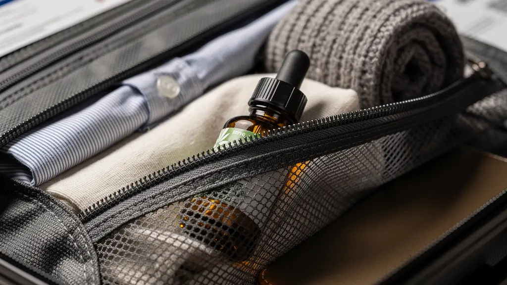 Valise ouverte avec produits CBD bien organisés et documents de voyage