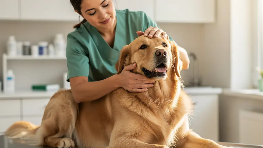 Vétérinaire examinant un golden retriever dans un cabinet lumineux et moderne