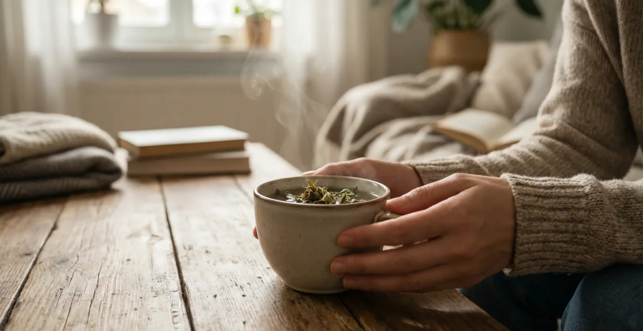 Tasse fumante d'infusion CBD dorée avec fleurs de chanvre séchées posées à côté sur table basse