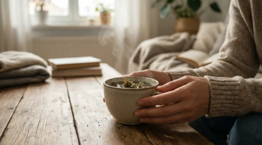 Tasse fumante d'infusion CBD dorée avec fleurs de chanvre séchées posées à côté sur table basse