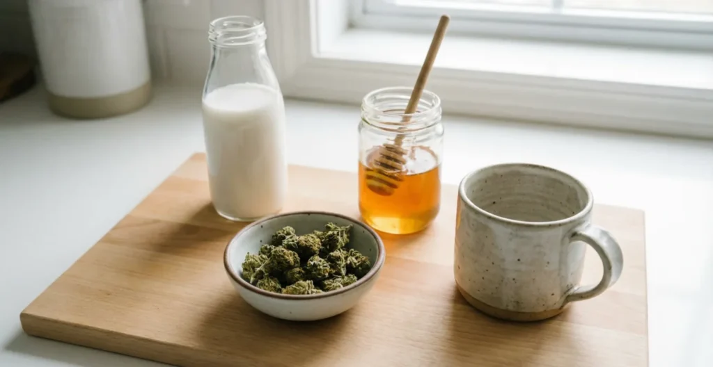 Ingrédients pour infusion CBD disposés sur plan de travail : fleurs de chanvre, huile de coco, miel Ingrédients pour infusion CBD disposés sur plan de travail : fleurs de chanvre, huile de coco, miel