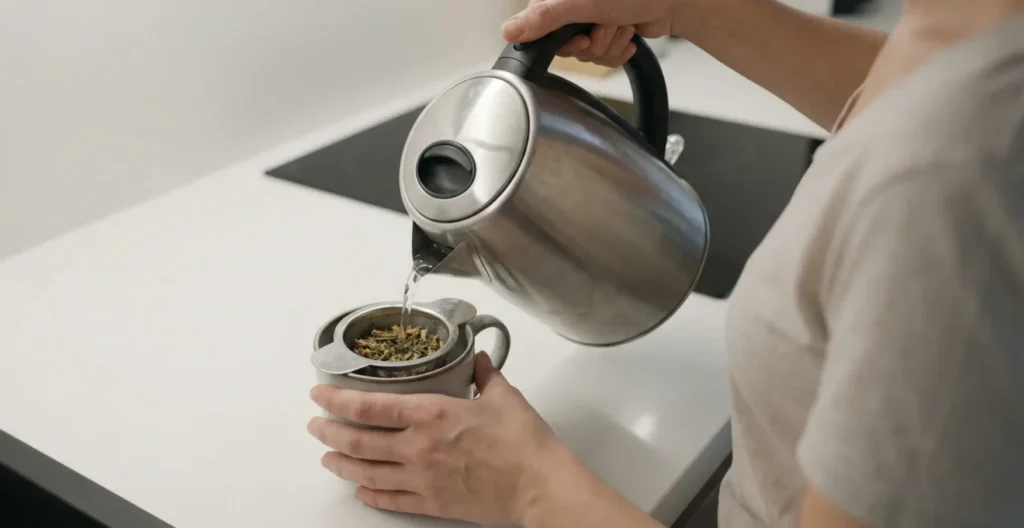 Préparation d'une infusion CBD avec versement d'eau chaude dans une tasse contenant un infuseur Préparation d'une infusion CBD avec versement d'eau chaude dans une tasse contenant un infuseur