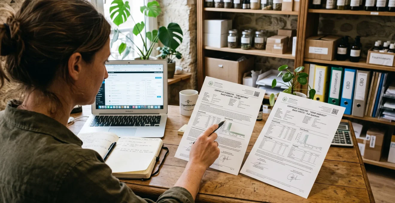 Une commerçante compare des certificats d'analyse de deux fournisseurs CBD.