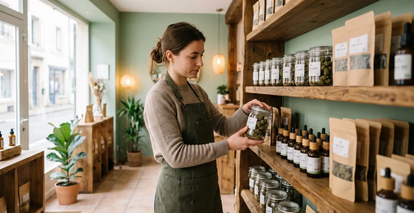 Une vendeuse range des produits CBD sur une étagère de boutique.